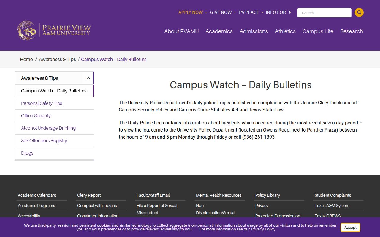 Prairie View campus police daily bulletin records page